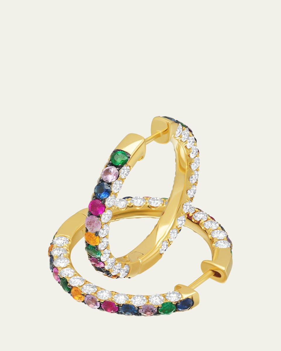 18K Yellow Gold Large Rainbow and Diamond 3 Sided Hoop Earrings